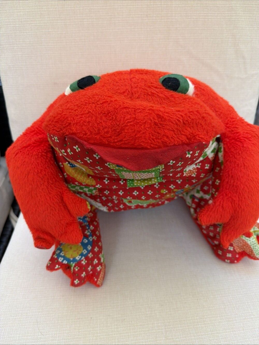 Vintage RETRO Frog Handmade Plush Stuffed Toy 1970’s W/Flower Power Fabric Large